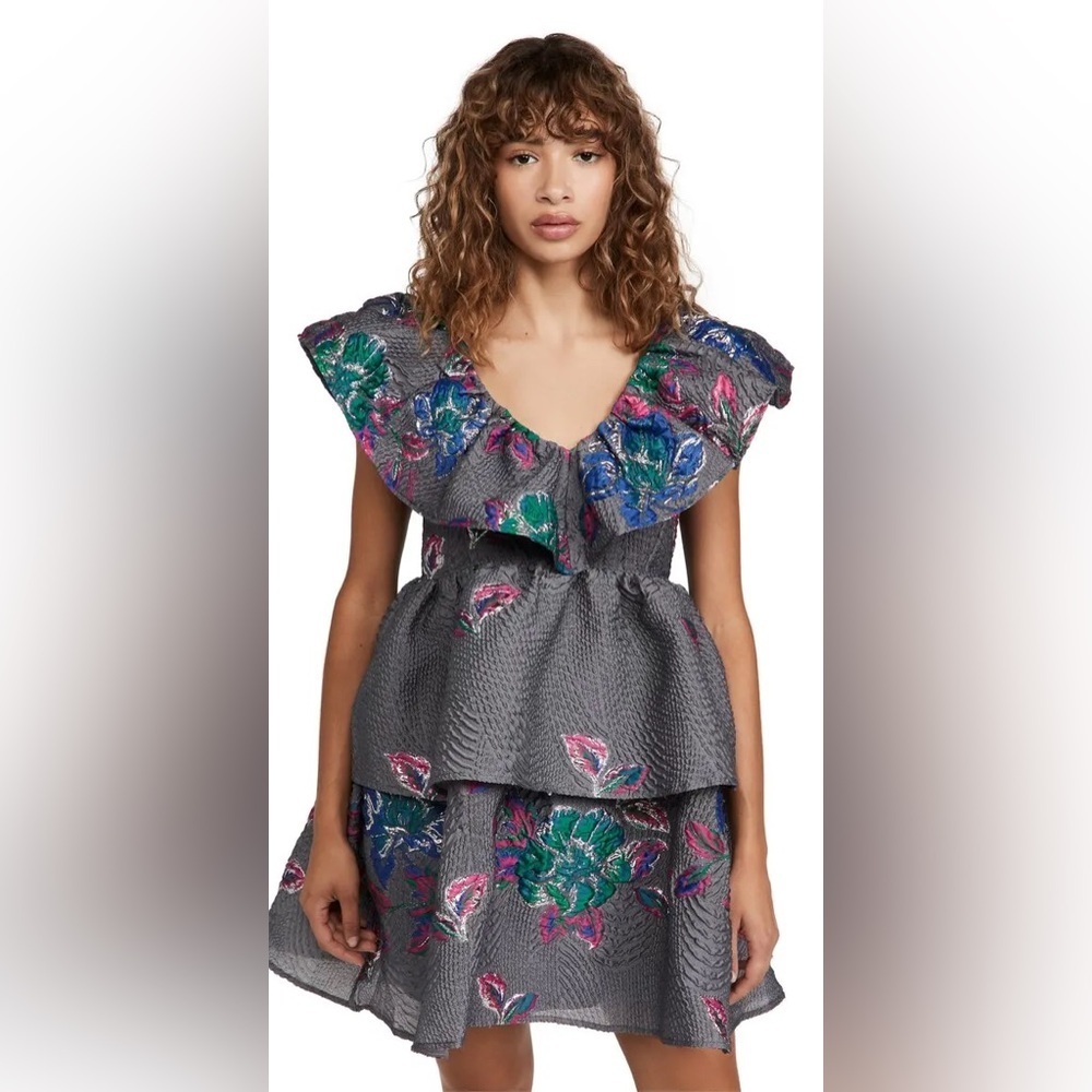 NWT Ganni Structured Jacquard Dress with‎ Floral Accents
